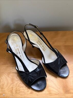 Bruno Magli Black Leather Slingback Heels with Floral Stitching